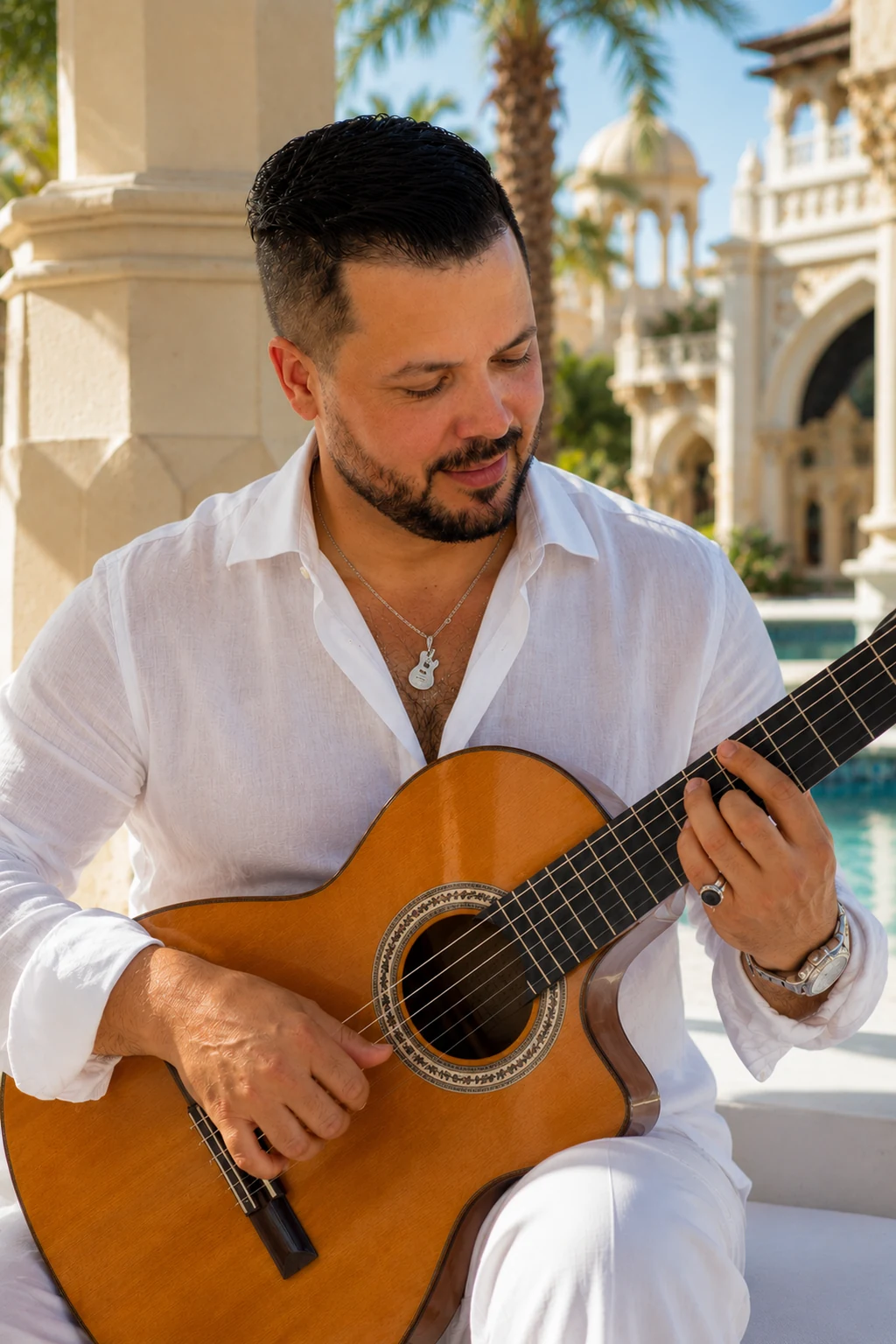 TITO playing Mediterranean guitar beside a luxury resort pool